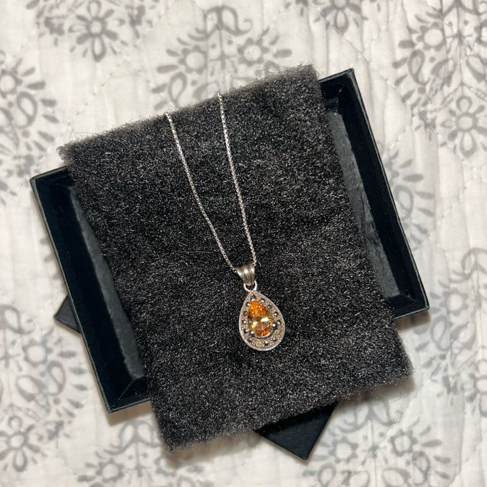 Elegant Teardrop Citrine/Yellow Topaz & Crystal Birthstone/ Pendant Necklace